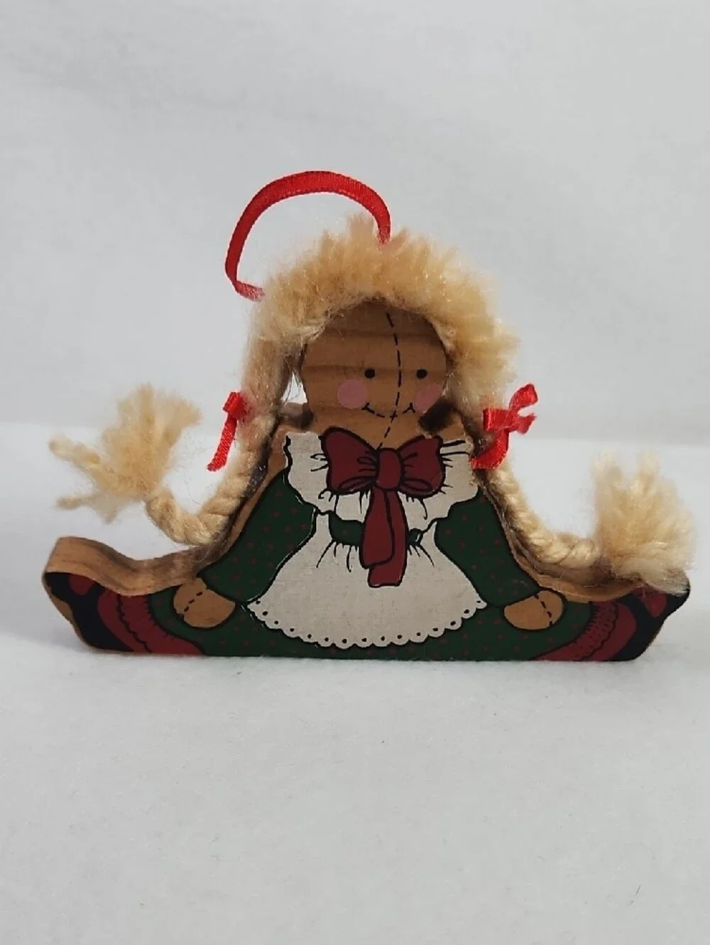 Ring Green, Red and Cream Rag Doll Holiday Wood Ornament Painted Toll